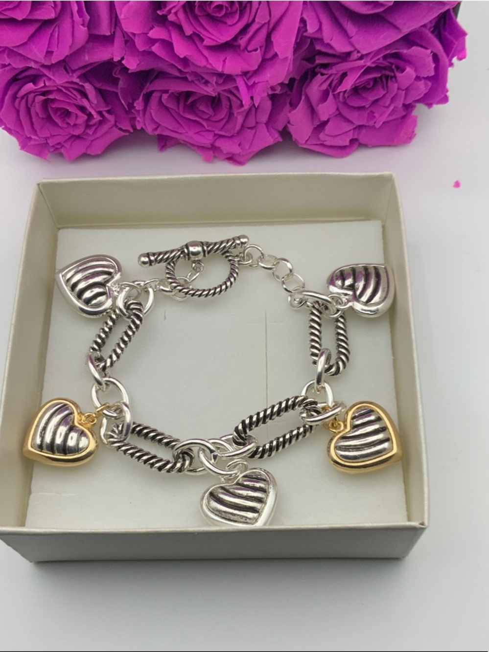 Silver Heart Charm Dangle Mix Metal Bracelet